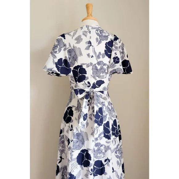 70s White & Blue Floral Print Flutter Sleeve Feminine 1970s Empire Maxi Dress - Picture 7 of 16